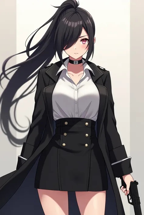 full body, (ponytail forehead hair pulled back):1.3, black hair, one closed eyes, weating trench coat, holding glock with white shirt and black skirt standing badass, anime style, from girls frontline, fine details. girls frontline, girls frontline univers...