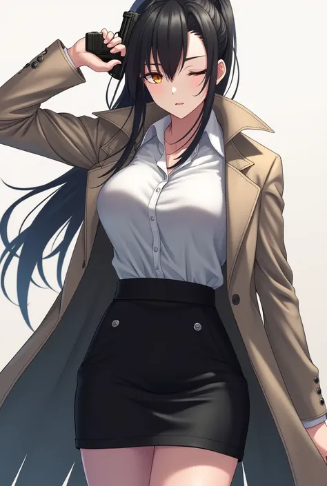 full body, (ponytail forehead hair pulled back):1.3, black hair, one closed eyes, weating trench coat, holding glock with white shirt and black skirt standing badass, anime style, from girls frontline, fine details. girls frontline, girls frontline univers...