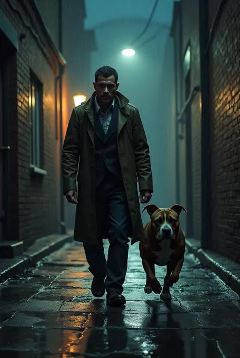 Man walking down an alley on a rainy night,  with a pitbull on a leash, This one goes in front of its owner, the characters are clearly seen 
