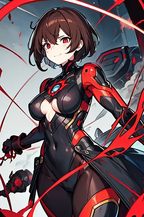 Robot woman, short brown hair, black eyes with red pupil, with roses and thorns all over the body, cables sticking out, terrifying, with a macabre smile, with blood