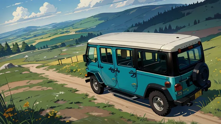 a open jeep car, a beautiful scenery, acrylic painting, trending on pixiv fanbox, palette knife and brush strokes,hilly grassland area ,style of makoto shinkai jamie wyeth james gilleard edward hopper greg rutkowski studio ghibli genshin impact, view from ...