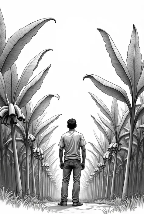 Create a black and white drawing that shows a farmer looking at his large banana plantation. Don&#39;t make it too realistic that you can draw it , make it less realistic but make the bananas stay on their bush , Make the plants taller and have the bananas...