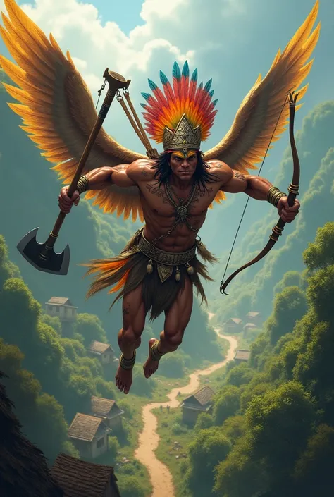 Create the image of an indigenous Tupinambá superhero, flying over a tribal settlement while wearing an imposing headdress and holding a giant battle axe and bow and crossbow on his back