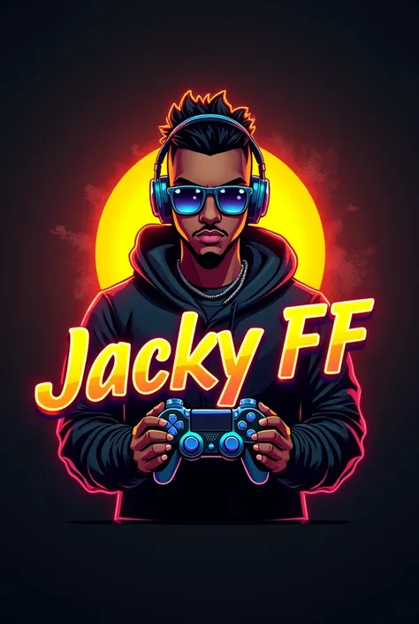 This is a gaming logo that features the name "Jacky FF" in a futuristic font and a neon Golden colour. and HipHop avtar, The logo also has a stylized controller icon. The logo designed to be attractive and eye-catching, and to appeal to gaming enthusiasts ...