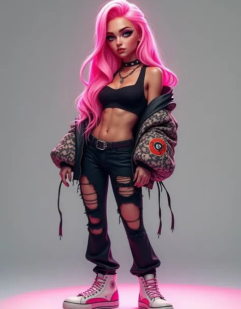 A stylized female character with long, wavy pink hair and bold makeup, including prominent eyebrows and freckles. She wears a cropped black top under a colorful, oversized jacket with patterns, paired with distressed black jeans featuring rips and a unique...