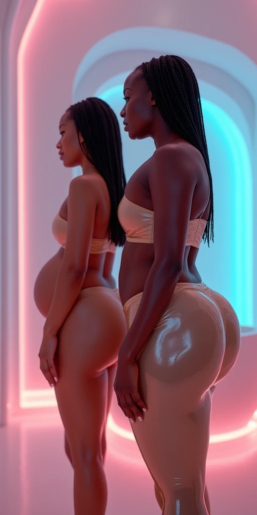 IMMENSELY MASSIVE BUTTOCKS objective, hip dips, dark skin melanin mature twins duo, 8K UHD, IMMENSELY MASSIVE BULGING PROTRUDING BUTTOCKS paired perfectly with worlds 🌎 tiniest waist, DSLR, pastel translucent (beige gradient dient tan) metallic bodysuit le...