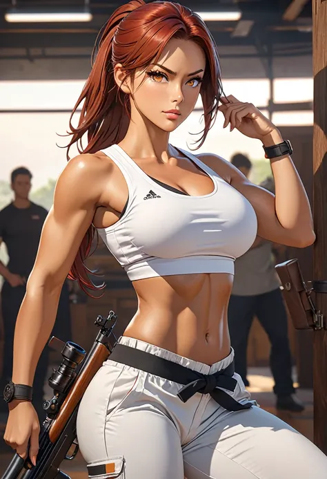 ((best quality)), ((artwork)), ((extremely detailed face)), ((perfect lighting)), ((extremely detailed CG)), ((perfect hands, perfect anatomy)) Appearance= tanned skin; ((amber color eyes)); long red hair, often tied in a ponytail; sharp jawline; tall, ath...