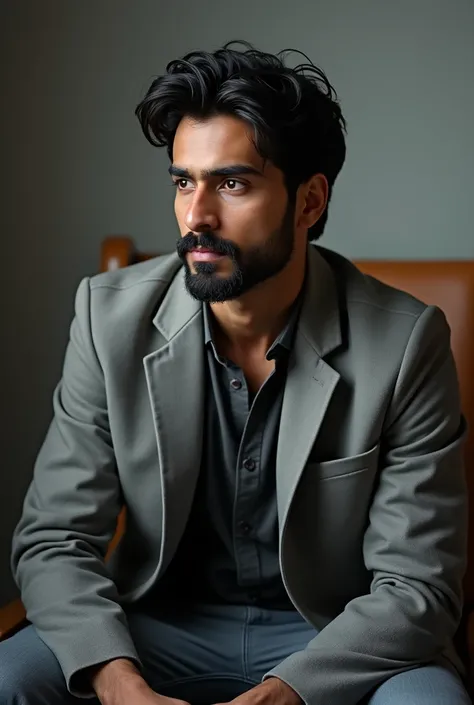 A Indian young guy with medium beard and medium long hair ..wearing grey coat and siting on a chair looking the camera