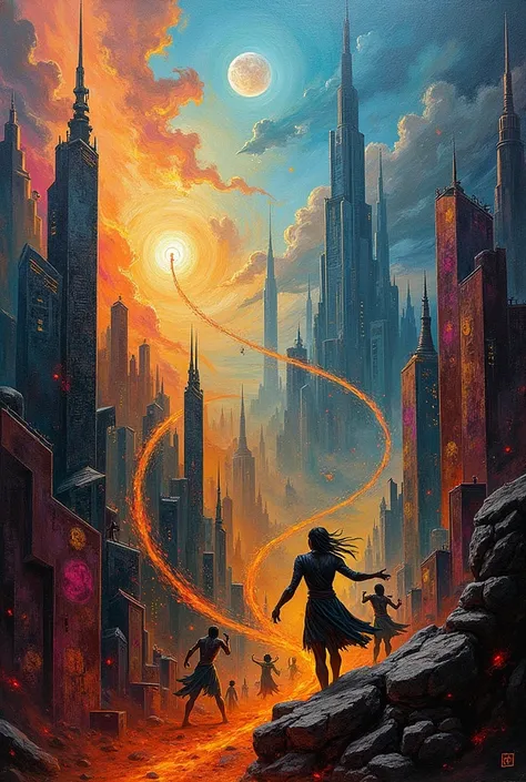 painting about mistborn world based on Brandon Sanderson books, with details of fantasy and science fiction, in the style of a Picasso painting