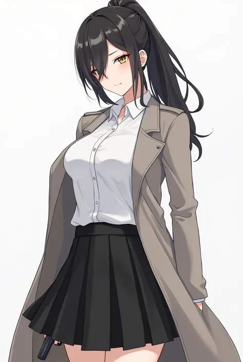 full body, (ponytail forehead hair pulled back:1.3), black hair, weating trench coat, holding glock down, with white shirt and black skirt, anime style, from girls frontline, fine details. girls frontline, girls frontline universe, girls frontline style, g...