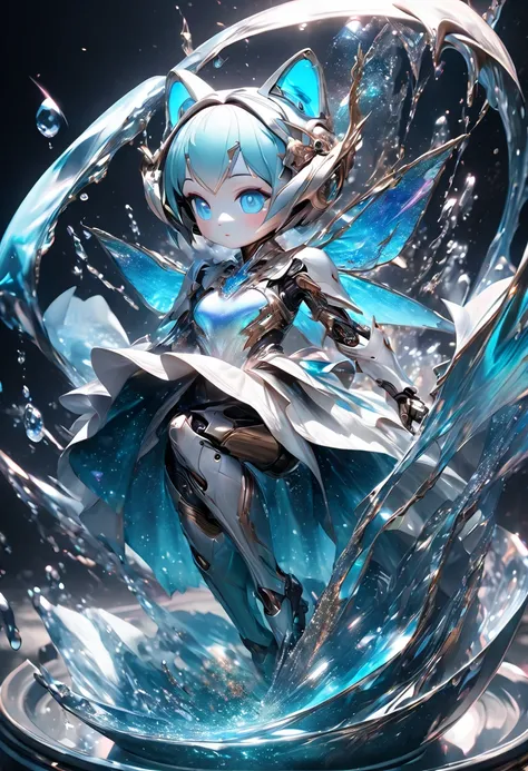 conceptual installation fantasy art, cute chibi animal-based android cyborg trapped in a falling ice drop, background iridescent...