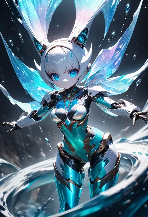 conceptual installation fantasy art, cute chibi animal-based android cyborg trapped in a falling ice drop, background iridescent...