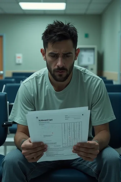 A worried patient in civil dress seating in a hospital waiting room, looking at a lab report with unusual results. The report should have visible anomalies or strange markings.