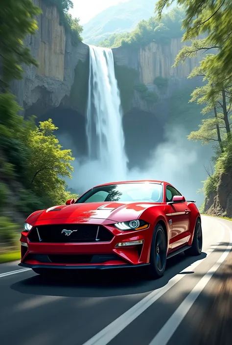 A red mustang driving and water fall 
