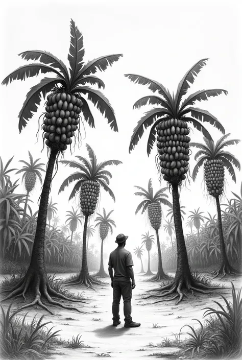 Create a black and white drawing that shows a farmer looking at his large banana plantation. Don&#39;t make it too realistic that you can draw it , make it less realistic but make the bananas stay on their bush , Make the plants taller and have the bananas...