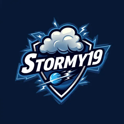 "Create a logo for a cricket team named Stormy19. The logo should prominently display the team name Stormy19 in bold, modern typography. Include elements that represent the idea of a storm, such as a swirling storm cloud, lightning bolts, or a stylized cri...