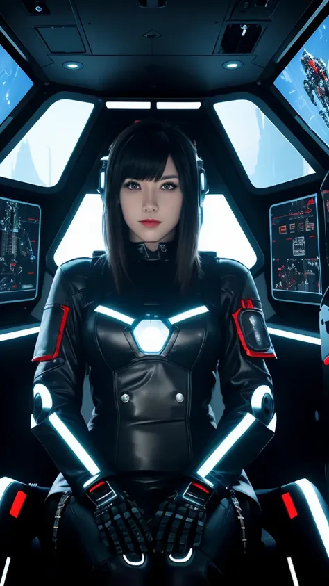 A young woman sits in the cockpit of a giant robot, dressed in a leather bodysuit. Surrounding her are digital metal punk-inspired decorations, with a futuristic interface glowing brightly. The control panel is filled with numerous buttons and screens, and...