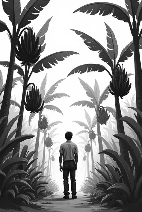 Crea un dibujo en blanco y negro pero que se vea sobre un hombre agricultor  viendo su gran plantación de banaNo. Don&#39;t make it too realistic that you can draw it , haslo meNos realista pero has que los banaNos estén en su mata , has que las matas sean...