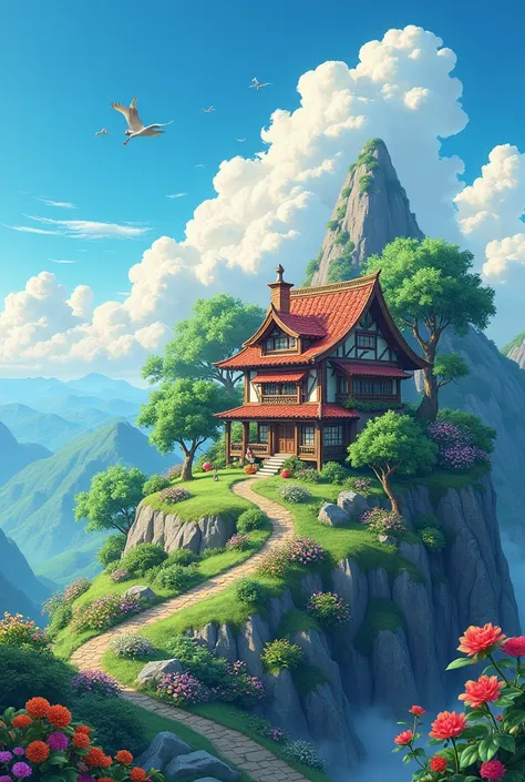 House on Mount beauty of nature in surrounding flowers birds sky trees anime style