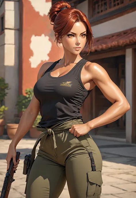 ((best quality)), ((artwork)), ((extremely detailed face)), ((perfect lighting)), ((extremely detailed CG)), ((perfect hands, perfect anatomy)) Appearance= tanned skin; ((amber color eyes)); straight red hair, often tied in a bun; sharp jawline; tall, athl...