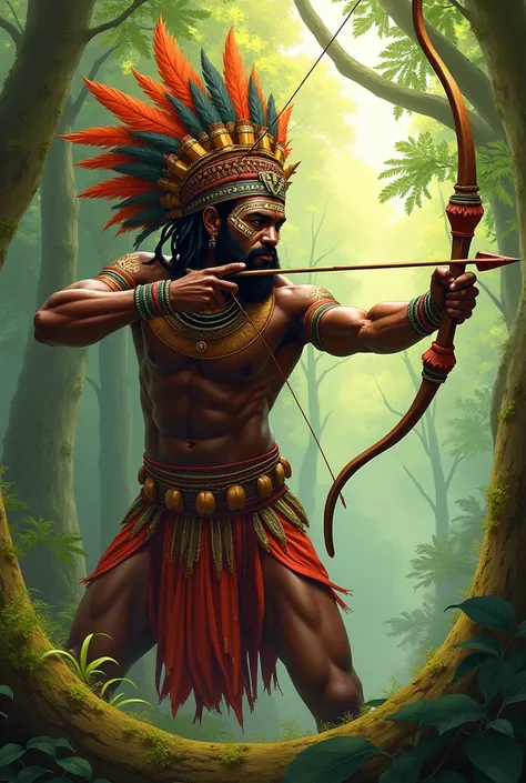 African Orisha Oxossi shooting the arrow, with feathers on the head 
