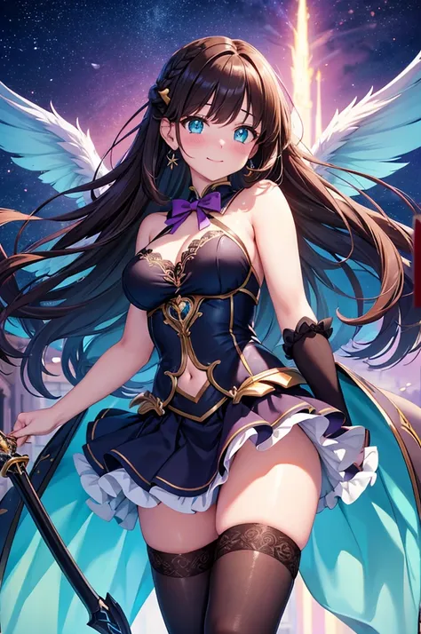 A beautiful girl in a short skirt holding a sword and a bird, outside, night, (magical girl), purple leotard, fluffy layered skirt, thigh highs, bow, wand, wings, flying, floating, big rounds breasts, dark brown hair, long bangs, french braid, long hair, w...