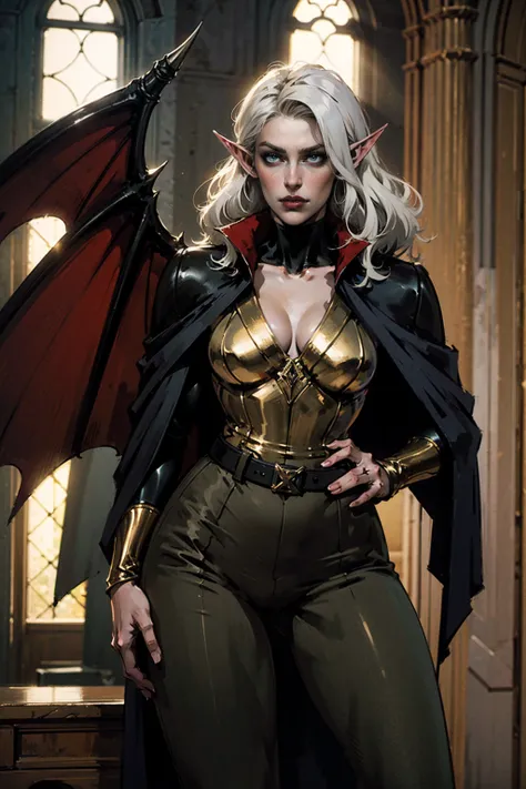 A woman with long platinum blonde hair, choppy bangs, arched crescent eyebrows, sharp and determined eyes, a delicate oval face, a serious expression, a fantasy-style dark green military coat, draped with a dark red cloak, military trousers, leather combat...