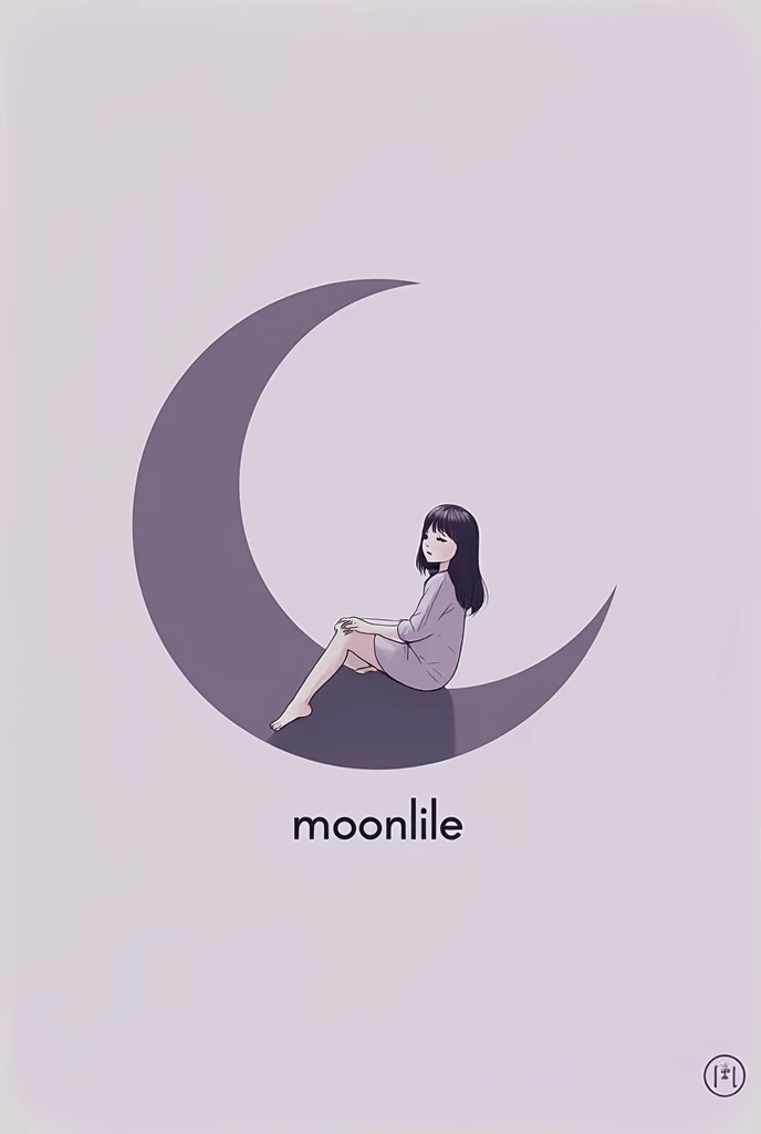 Make a minimalist drawing of a girl sitting on the round moon, in purple tones and with the text: MoonLile
