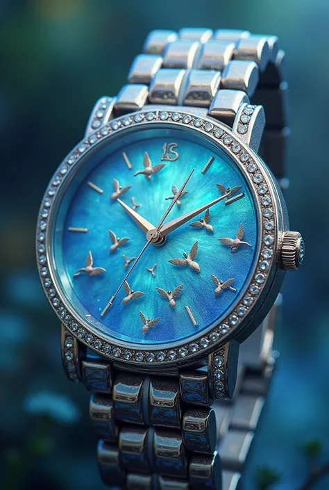 A humming Bird inspired watch 
Hour markers as tiny hummingbird silhouette 
Hands as humming Bird feathers
Background of the watch blue colours of humming bird which looks like its feathers 
Watch frame  iridescent silver