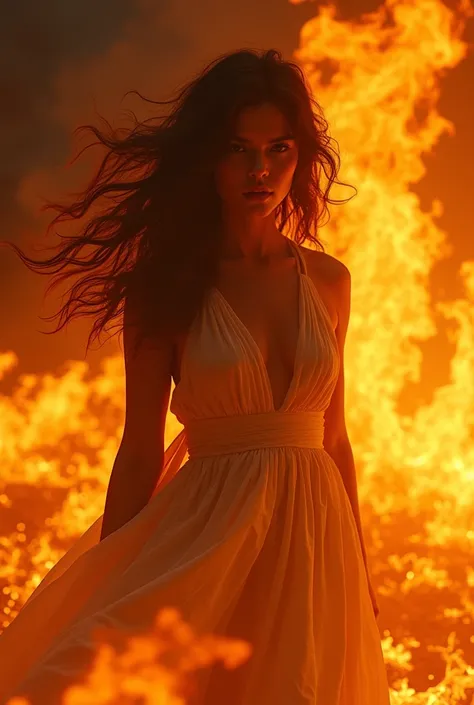 a dramatic fiery scene, fire art, dramatic lighting, 1girl, solo, detailed intricate face, long flowing hair, intense expression, dramatic pose, burning flames, intense orange and red colors, strong chiaroscuro lighting, cinematic composition, ultra-detail...