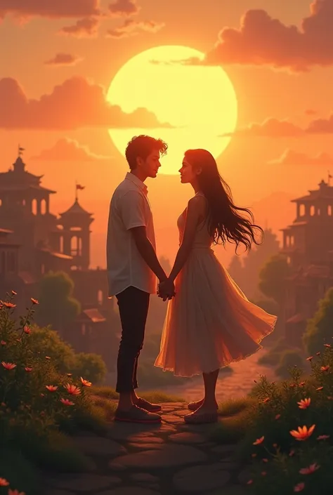 ,Happily Ever After: Kavya and Aditya standing on a hill overlooking the village, hand in hand, as the sun sets behind them. The village is peaceful and beautiful, symbolizing the harmony and love they’ve brought into each others lives.
