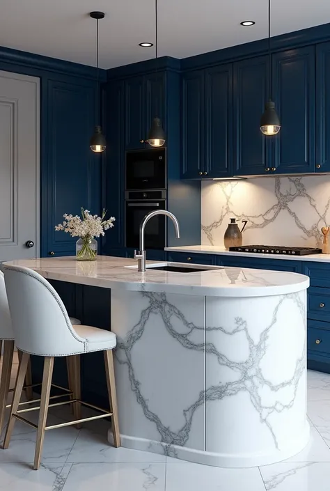 Professional 3d architecture rendering design of modern kitchen with   So dark blue vintage and dark gray and  white  modern  white French design chairs  shiny  white and blue  marble island island 