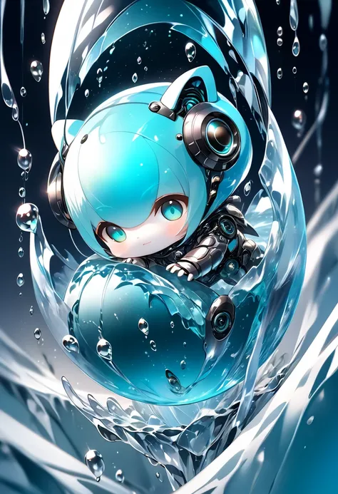 conceptual installation fantasy art, cute chibi animal-based android cyborg trapped in a falling ice drop, background iridescent...