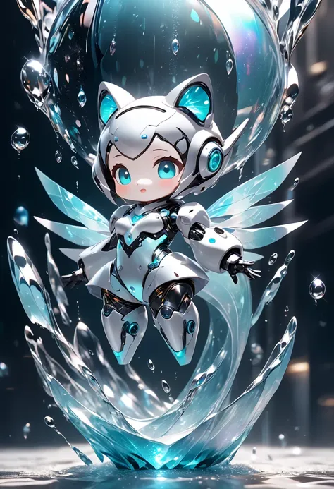 conceptual installation fantasy art, cute chibi animal-based android cyborg trapped in a falling ice drop, background iridescent...