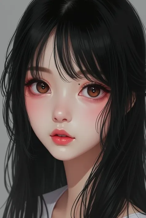 1 Asian girl, Youngh, 15year old, skin fair with snow, blackquality hair, long and silky, with slanted eyes, striking look, fox eyes, long, curved eyelashes, small, rounded nose, paint on the corner of the nose, mole on cheek, drawn mouth, big and pink, mo...