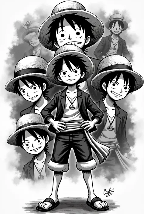 Luffy in manga page with to many luffy other photos in baground standing with the name of MursoFF with the Animes like font for YouTube channel photo in black and white colour 