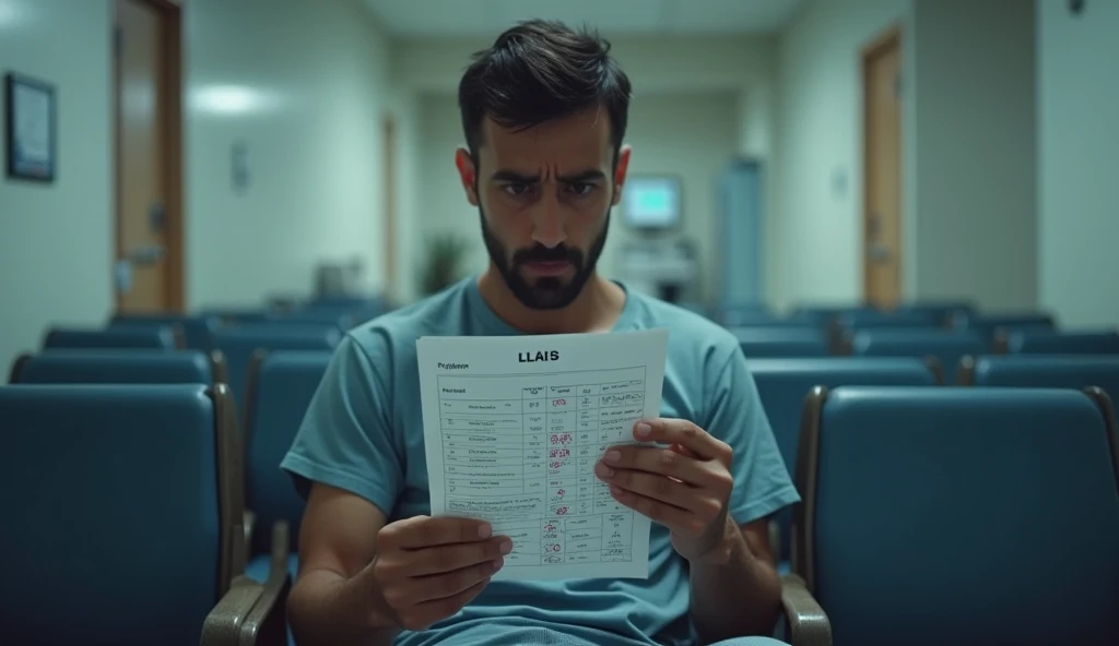 A worried patient in civil dress seating in a hospital waiting room, looking at a lab report with unusual results. The report should have visible anomalies or strange markings.