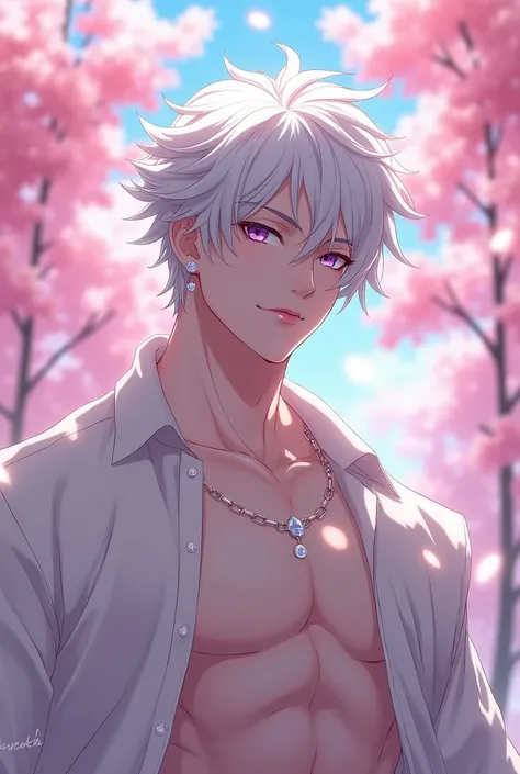 anime character, White hair, spiky hair, Pale skin, purple eyes, Long white eyelashes, male, muscular, white small earrings, big glossy lips, no shirt, black shorts cherry blossom trees