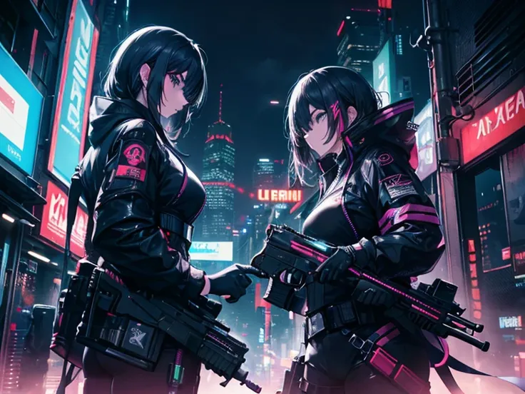 Very detailed,High resolution,4K,8k,masterpiece,High resolution,Late Night,Cyberpunk cityscape,Vibrant neon glow,have a large firearm,Two ninjas facing each other,Mexican standoff