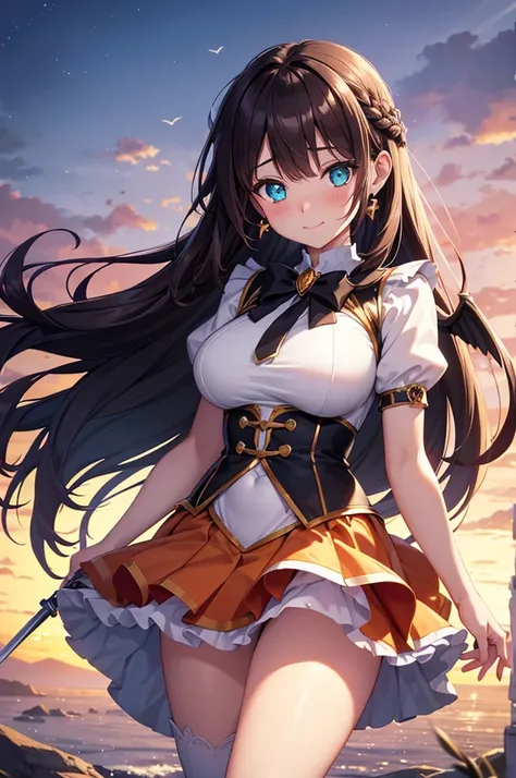 A beautiful girl in a short skirt holding a sword and a bird, outside, night, (magical girl), orange leotard, fluffy layered skirt, thigh highs, bow, wand, wings, flying, floating, big rounds breasts, dark brown hair, long bangs, french braid, long hair, w...