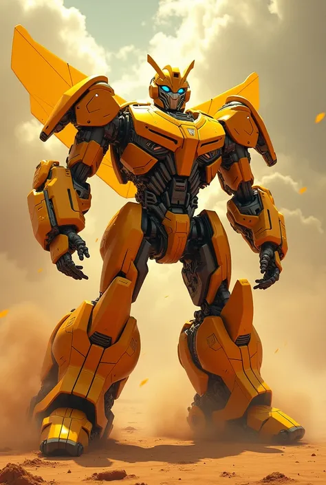 Transformers Bumblebee in sand alien orange with HXY，On the sand in the storm, Particles, Fragments, Bizarre, painting, Sid Mead, carney griffith brush strokes, Paint dripping )) - Unreal Engine 3D; symbolic meaning; rich and colorful; polishing; hard; Ult...