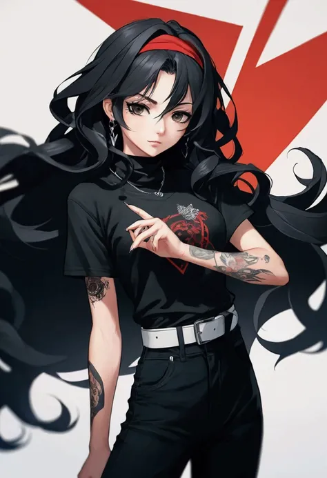 Anime girl with black long wavy hair. Wearing black bandana spike. Wearing black shirt  with tattoos and black pants with white belt. 