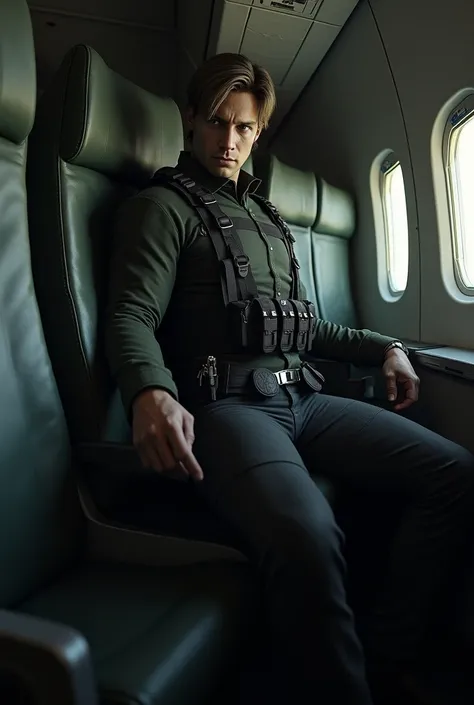 Leon Kennedy from the Resident Evil 4 video game in an airplane seat 