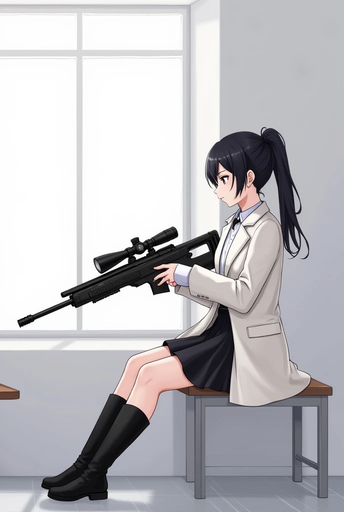  (ponytail forehead hair pulled back:1.3) (black hair:1.3), a woman in a white coat and black boots, sitting beside window in white room with table, holding heavy sniper rilfe ,with white shirt and black skirt, anime style, from girls frontline, fine detai...