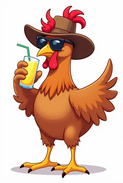 A brown chicken wearing a sunglasses and brown cowboy hat while drinking juice and one wing is wide open cartoon only 