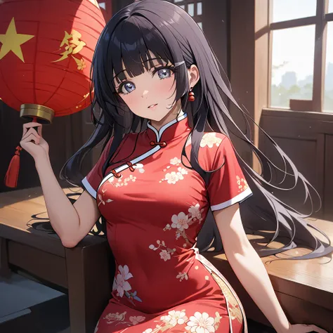 ((Highest quality)), ((masterpiece)), (detailed), （Perfect Face）、The woman is Reika Aoki with semi-long hair、The woman is wearing a cheongsam in China and is a member of the Chinese Communist Party.