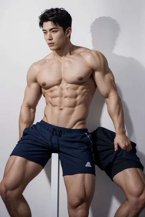 1 Handsome  naked Japanese guy ，Sexy pose, A 20 year-old man wearing a Bare chest shirt and Excellent shorts stands against a white background, navy Blue, navy Blue, Sports T-shirt, Blue, Excellent Sportswear, Gorgeous and sexy clothes, Sportswear, Short s...