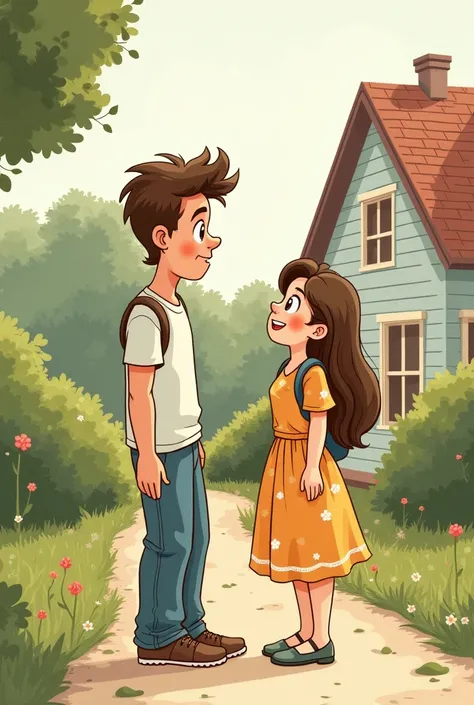 Create a drawing-like image that doesn&#39;t look realistic , about a man returning home and a woman waiting for him outside his house, Put some scenery and stuff like that and make the woman smile and the man with his mouth as if he were going to talk. 