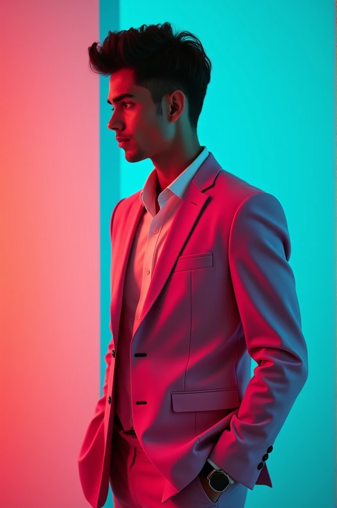 A young man with dark hair and a confident look. He is dressed in a pink blazer over a white shirt. The man is positioned against aqua colour backdrop with a subtle red lighting on the left side. and he posing for profile