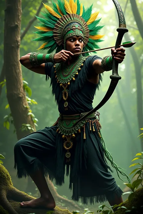 Orixá Oxossi in black but with green clothing details shooting arrows , with colorful feathers on its head 